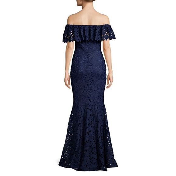 New! NICOLE BAKTI Off-Shoulder Floral Lace Trumpet Gown Dress Size 10 Navy Blue - Picture 2 of 2